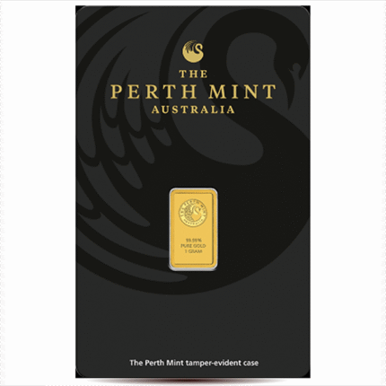 This 1g Perth Mint gold bullion minted bar is one of eight sizes available. 99.99% pure gold Government guarantee Features LBMA registered mark and kangaroo-shaped motif Tamper-evident packaging with serial number