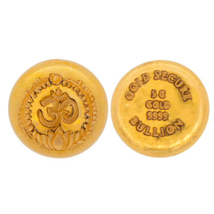 Embodying peace and positivity, this 5g Gold button (999.9 purity) features a beautifully embossed Om symbol framed with lotus motifs. It’s a meaningful token of spirituality and purity – ideal for gifting or treasuring as part of your bullion collection. Key Features: Metal: Pure Gold (999.9) Weight: 5 grams Design: Om symbol with lotus border Finish: Refined handcrafted round Suitable for gifting, worship, or investment 🌟 A symbol of serenity and purity – perfect for Diwali and beyond.