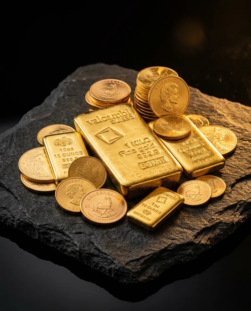 Gold bullion bars and coins
