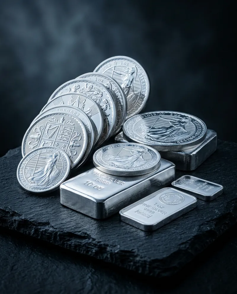 Silver bullion coins and bars